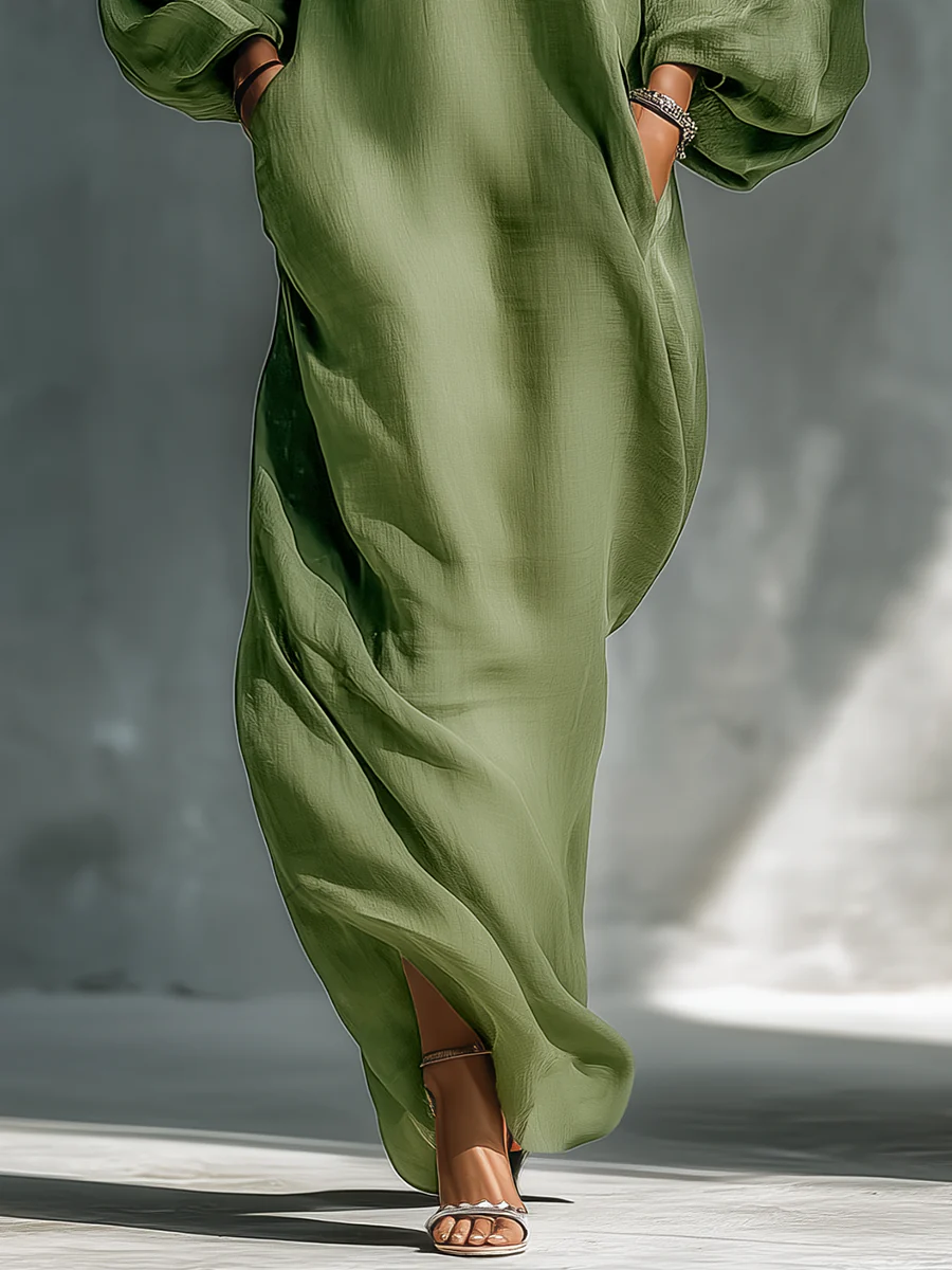 Anika | Grünes Maxi-Kleid mit Off-Shoulder Puffärmeln