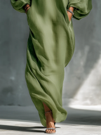 Anika | Grünes Maxi-Kleid mit Off-Shoulder Puffärmeln