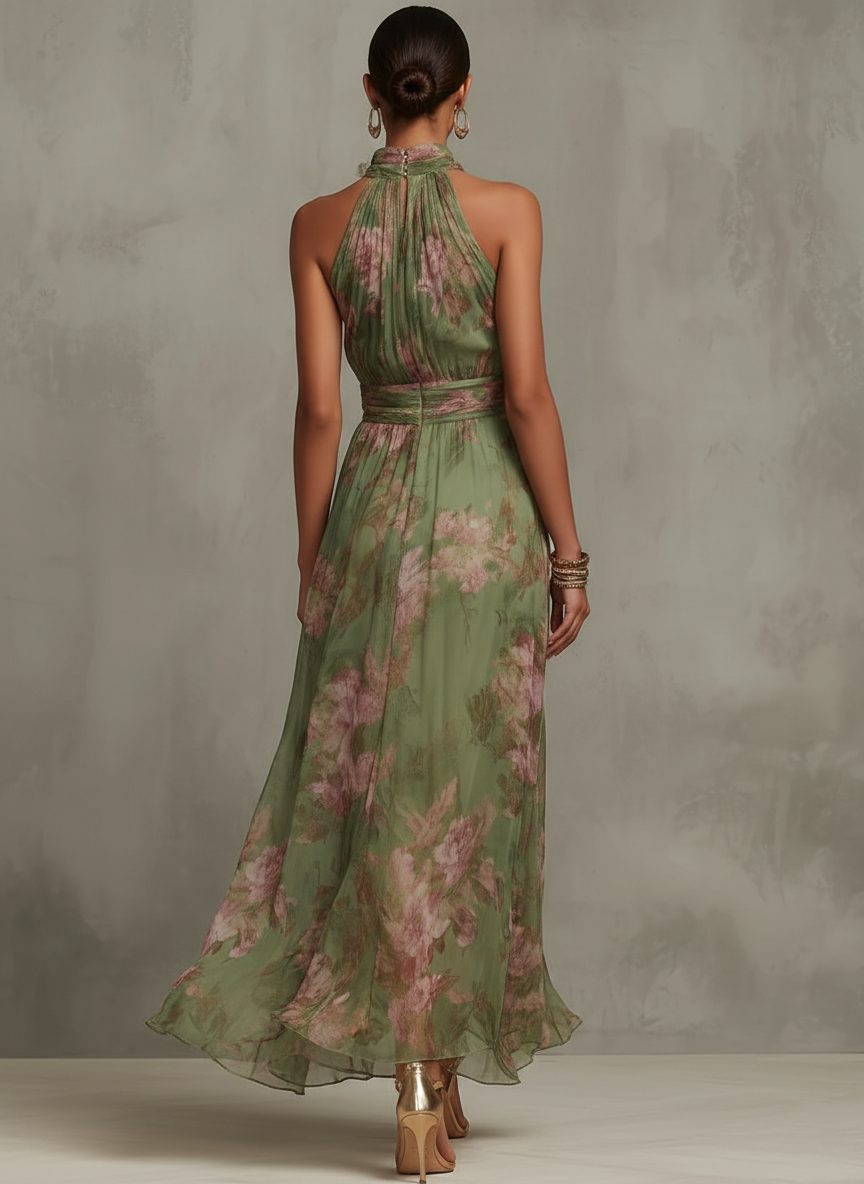 Florenz | Grünes Blumenschiffon Maxikleid mit Haltertop