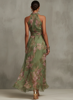 Florenz | Grünes Blumenschiffon Maxikleid mit Haltertop