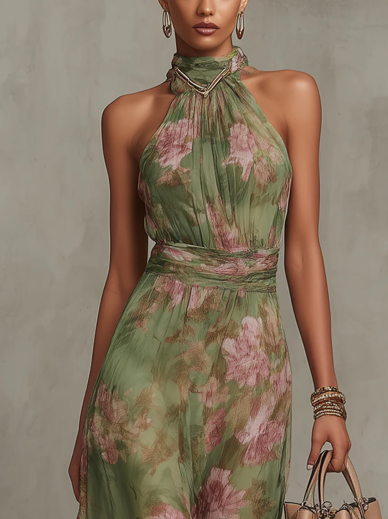 Florenz | Grünes Blumenschiffon Maxikleid mit Haltertop