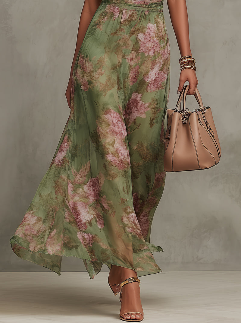 Florenz | Grünes Blumenschiffon Maxikleid mit Haltertop