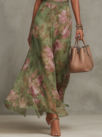 Florenz | Grünes Blumenschiffon Maxikleid mit Haltertop