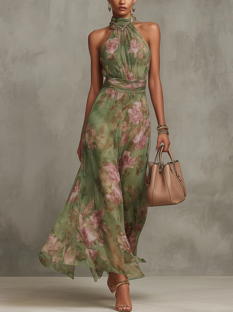 Florenz | Grünes Blumenschiffon Maxikleid mit Haltertop