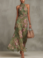 Florenz | Grünes Blumenschiffon Maxikleid mit Haltertop