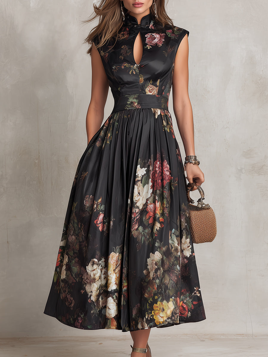 Patricia | Schwarzes Satin Midi Kleid mit Blumenmuster und Falten