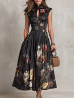 Patricia | Schwarzes Satin Midi Kleid mit Blumenmuster und Falten