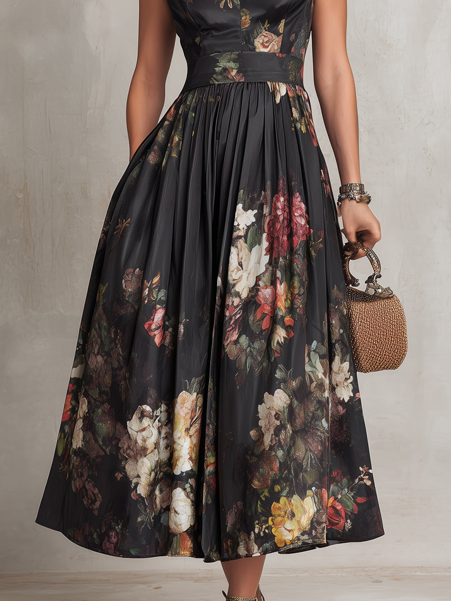 Patricia | Schwarzes Satin Midi Kleid mit Blumenmuster und Falten