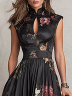 Patricia | Schwarzes Satin Midi Kleid mit Blumenmuster und Falten