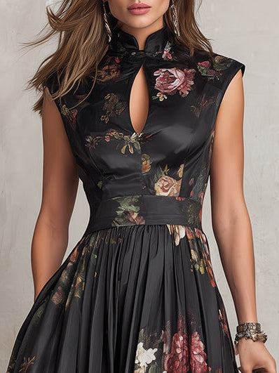 Patricia | Schwarzes Satin Midi Kleid mit Blumenmuster und Falten