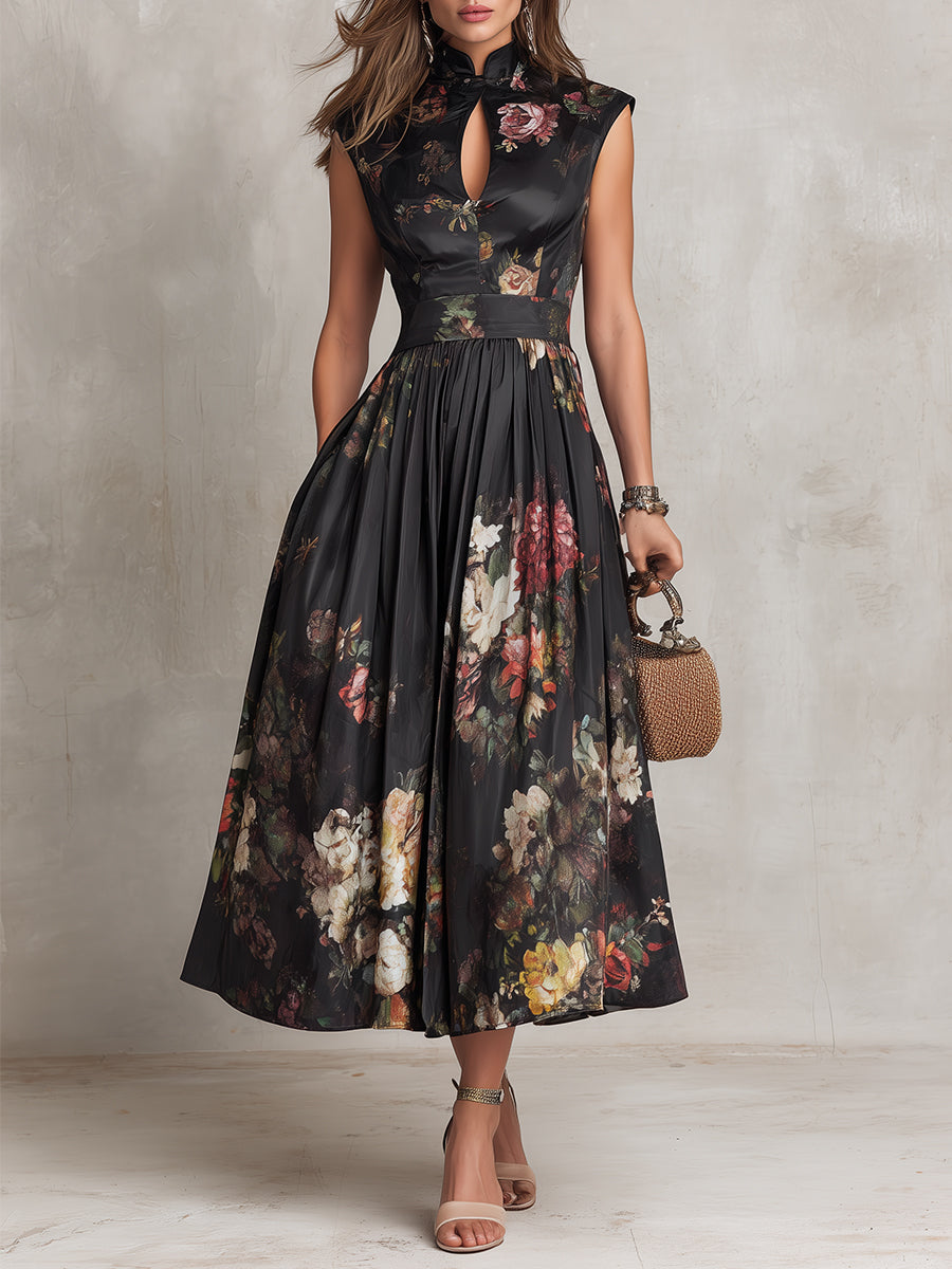 Patricia | Schwarzes Satin Midi Kleid mit Blumenmuster und Falten