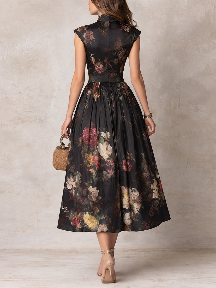 Patricia | Schwarzes Satin Midi Kleid mit Blumenmuster und Falten