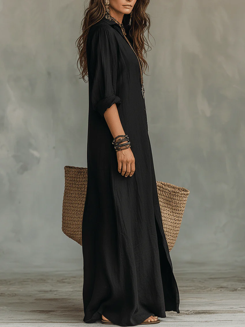 Soline™ | Grünes Maxikleid mit Knöpfen und lockerem Fall
