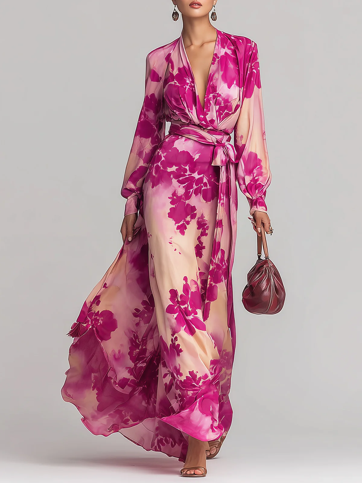 Julia | Floral Rose V-Neck Maxi Dress with Belt