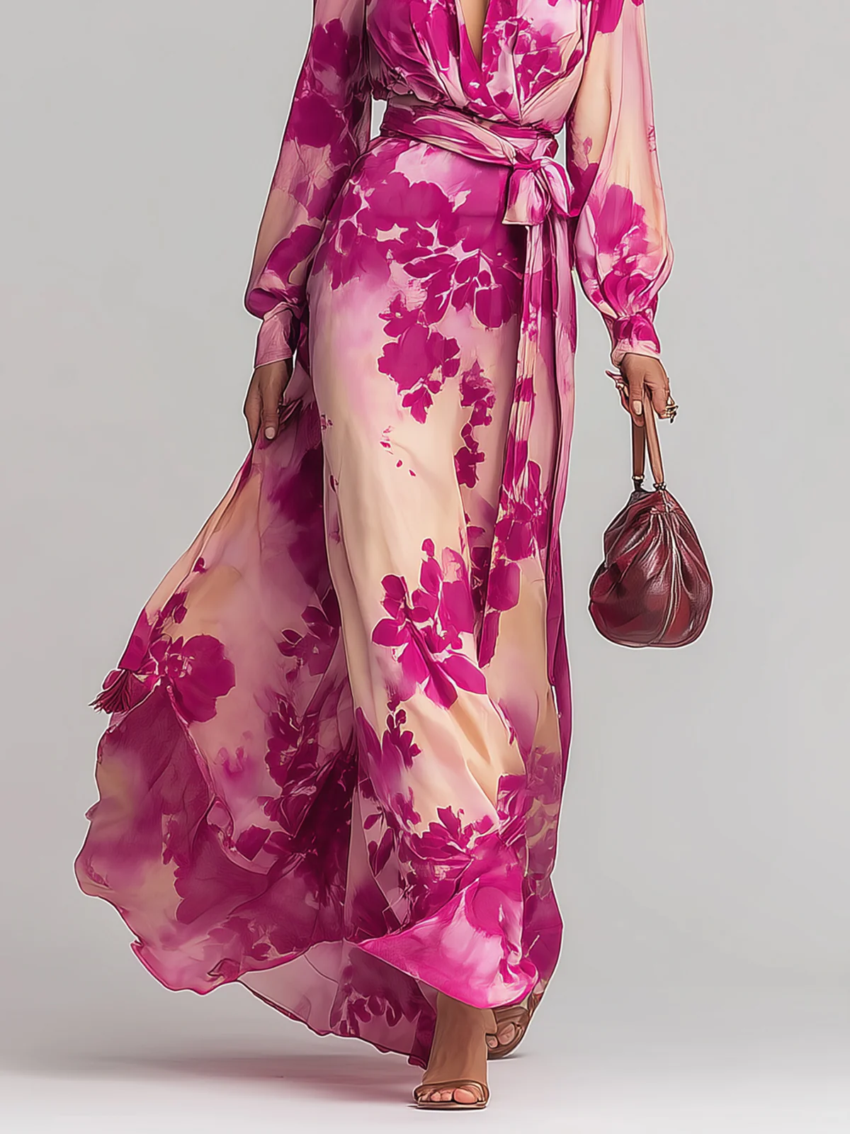 Julia | Floral Rose V-Neck Maxi Dress with Belt