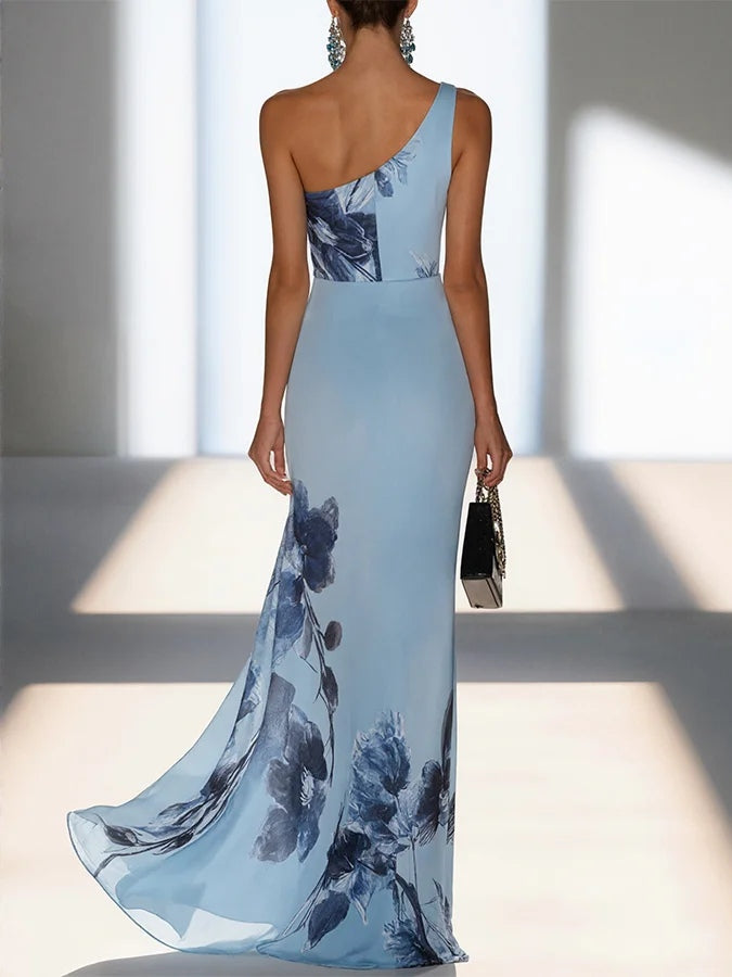 Victoria | Off-Shoulder Satin Ink Print Maxi Dress
