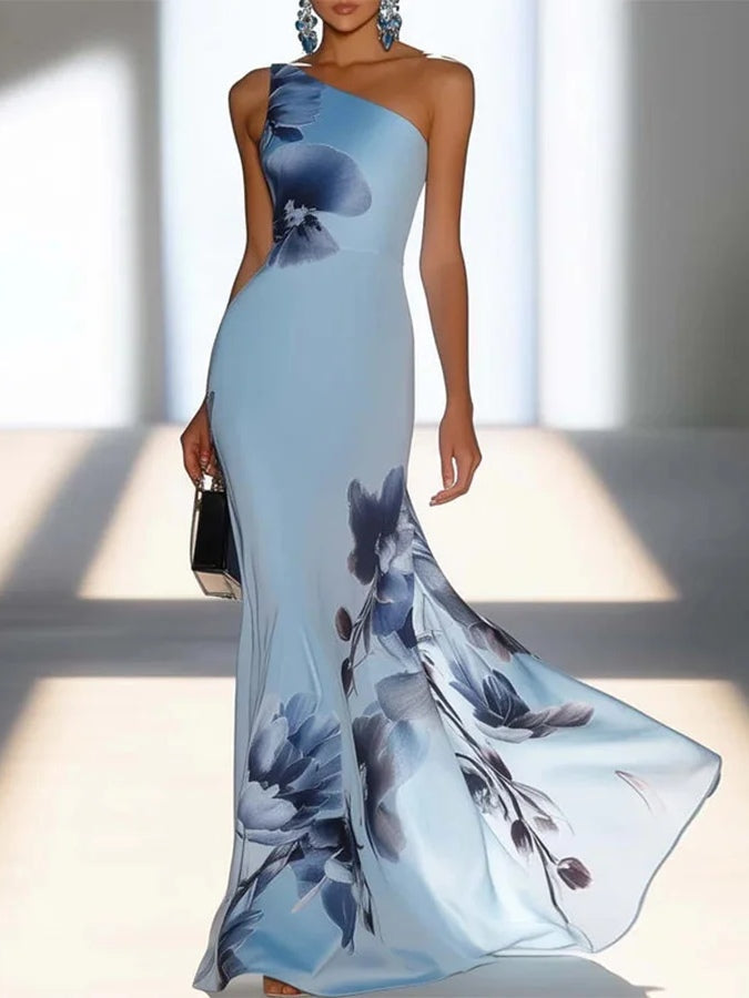 Victoria | Off-Shoulder Satin Ink Print Maxi Dress