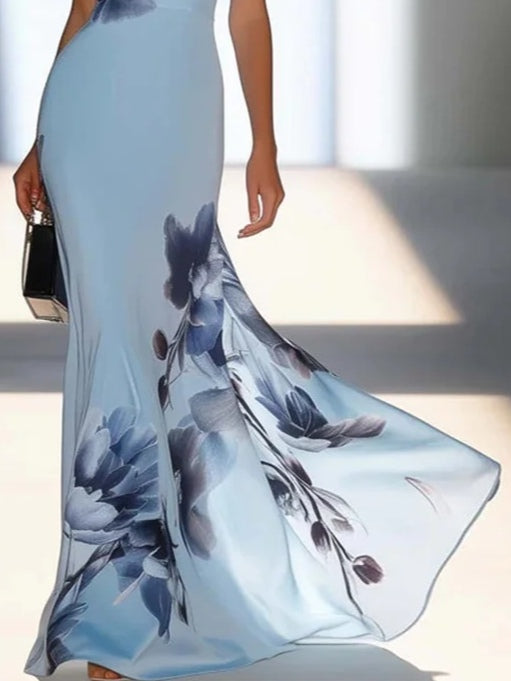 Victoria | Off-Shoulder Satin Ink Print Maxi Dress
