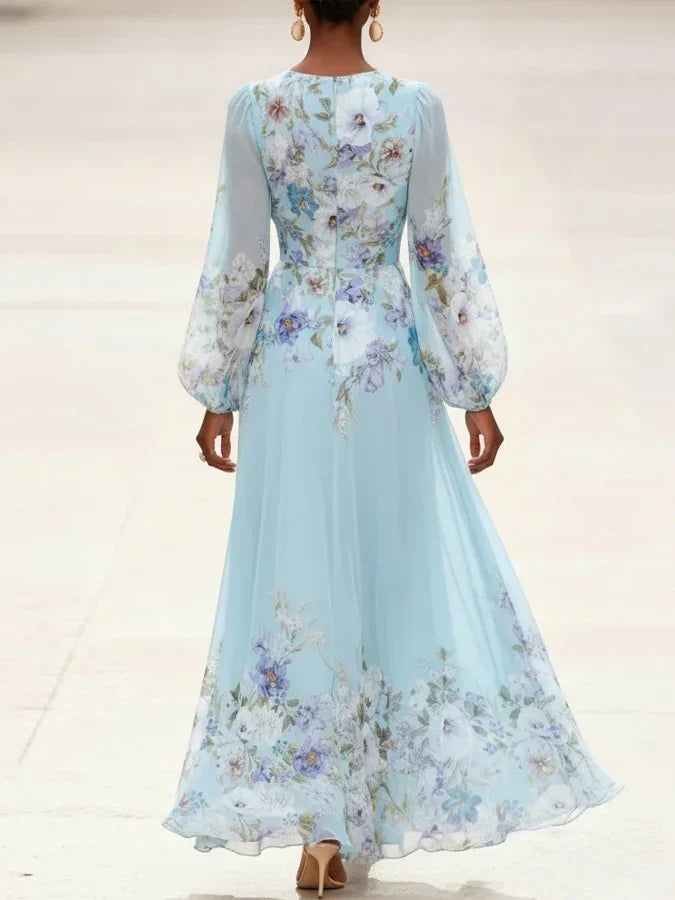 Mia | Hellblaues Floral Chiffon Maxikleid mit V-Ausschnitt
