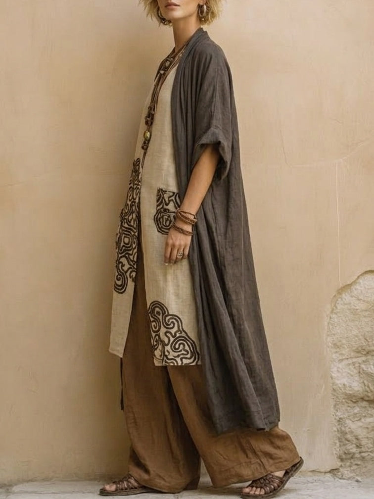 Sophie | Dunkelgraues und Braunes Tribal-Print Drei-Teile-Set