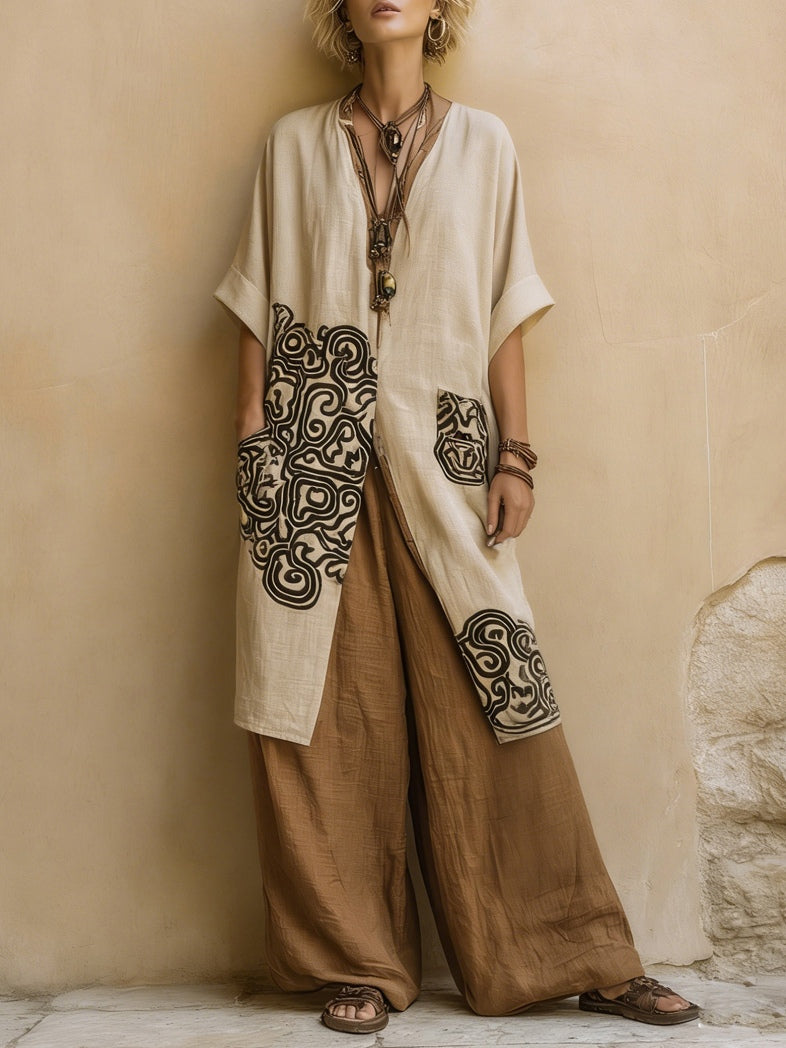 Sophie | Dunkelgraues und Braunes Tribal-Print Drei-Teile-Set