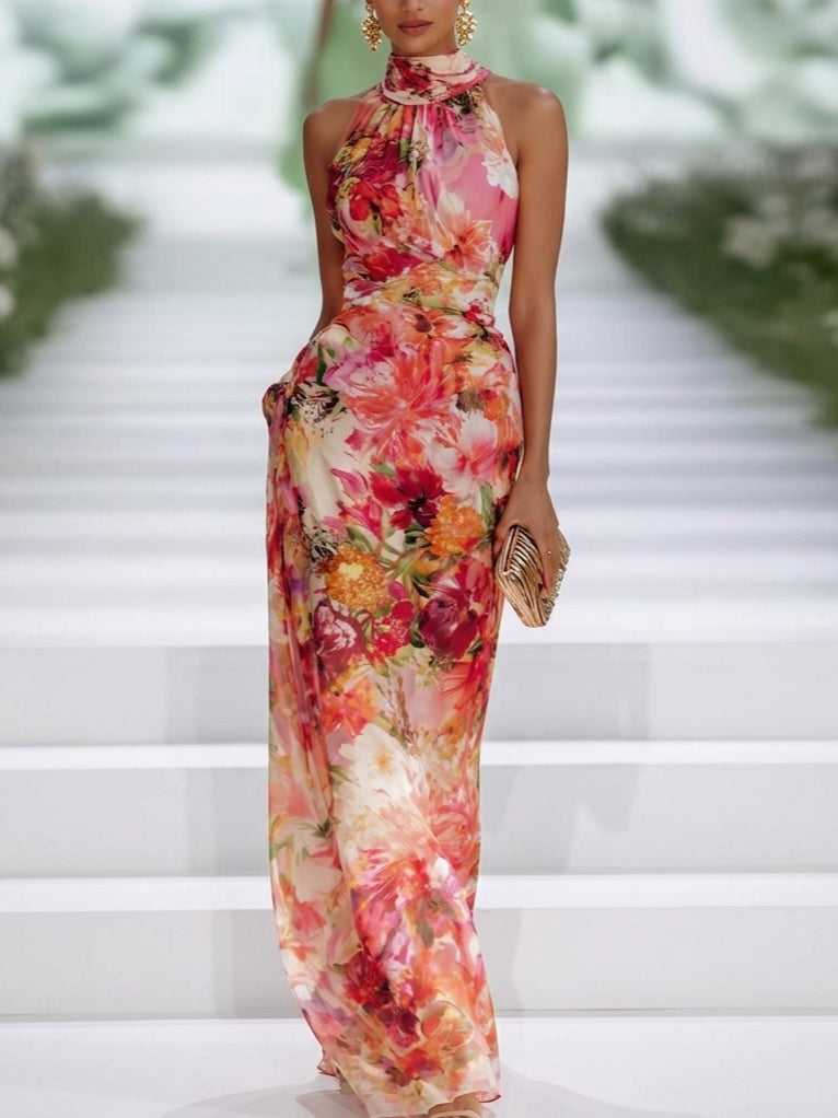 Fae | Rotes Floral Maxikleid aus Chiffon ohne Ärmel