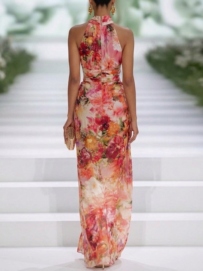 Fae | Rotes Floral Maxikleid aus Chiffon ohne Ärmel