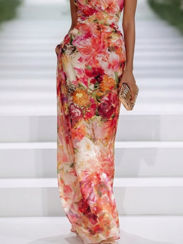 Fae | Rotes Floral Maxikleid aus Chiffon ohne Ärmel