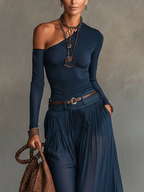 Lore | Marineblaues Ein-Schulter-Top mit passendem Rock-Set