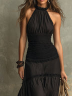 Susie | Bohemian Maxikleid mit hohem Kragen und Spitzenrüschen