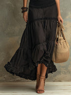 Susie | Bohemian Maxikleid mit hohem Kragen und Spitzenrüschen