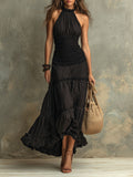 Susie | Bohemian Maxikleid mit hohem Kragen und Spitzenrüschen