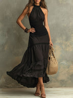 Susie | Bohemian Maxikleid mit hohem Kragen und Spitzenrüschen