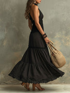 Susie | Bohemian Maxikleid mit hohem Kragen und Spitzenrüschen