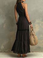 Susie | Bohemian Maxikleid mit hohem Kragen und Spitzenrüschen