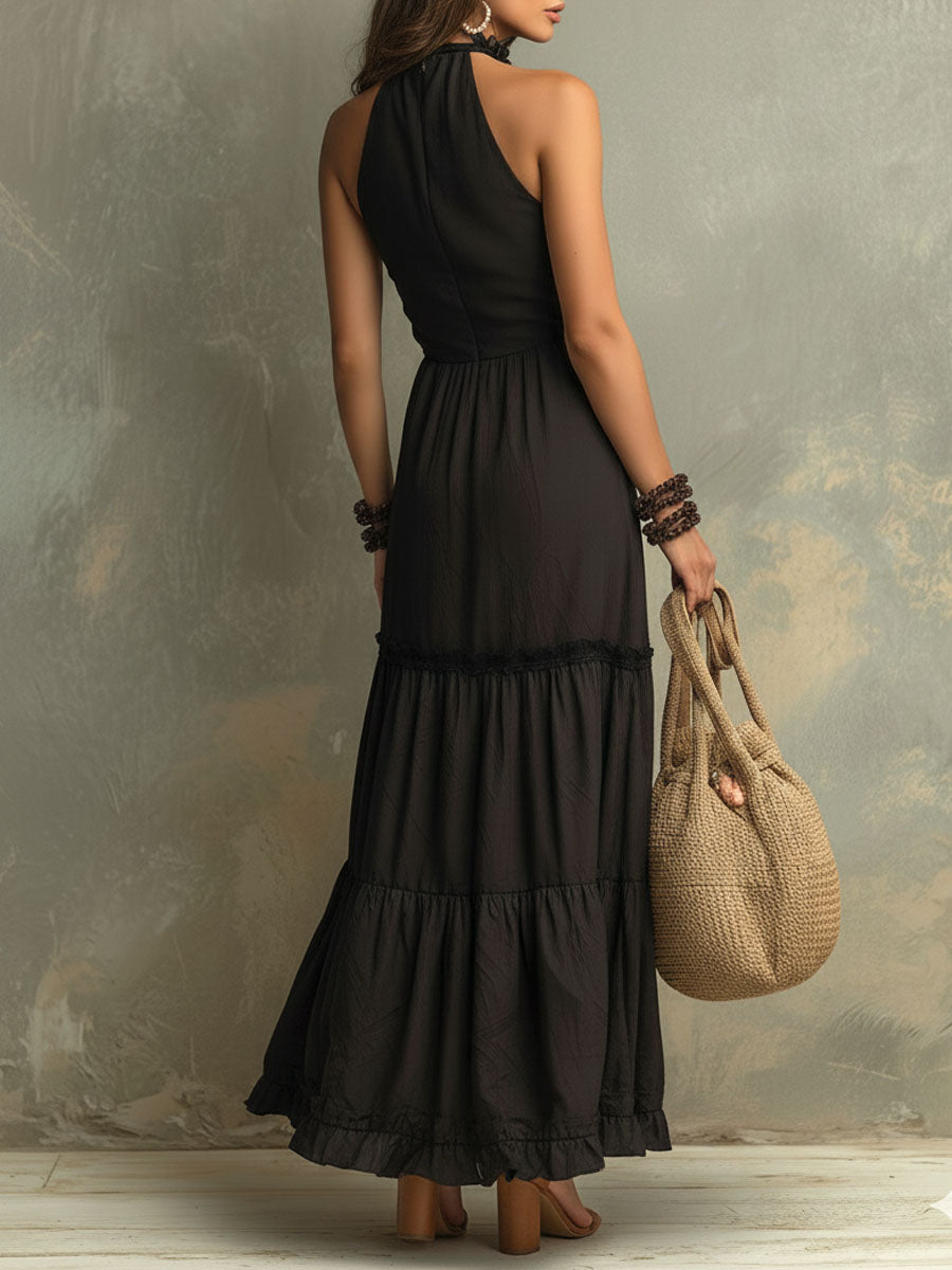 Susie | Bohemian Maxikleid mit hohem Kragen und Spitzenrüschen