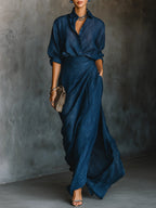 Jenny | Elegantes Set aus Blauem Mischgewebe mit Langem Rock