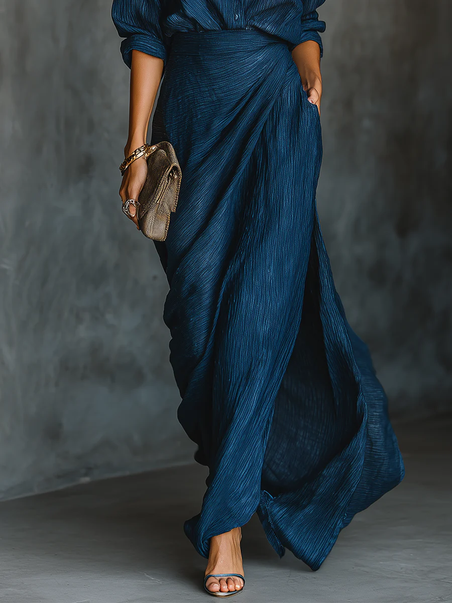 Jenny | Elegantes Set aus Blauem Mischgewebe mit Langem Rock