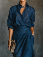 Jenny | Elegantes Set aus Blauem Mischgewebe mit Langem Rock