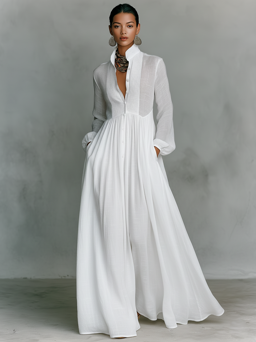 Maxi Kleid aus Patchwork-Leinen mit Stehkragen