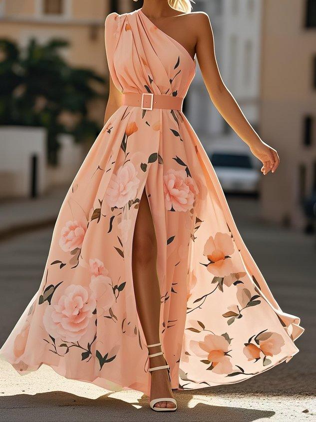 Julie | Hellgrünes Floral Chiffon Maxikleid mit Ein-Schulter-Design