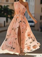 Julie | Hellgrünes Floral Chiffon Maxikleid mit Ein-Schulter-Design