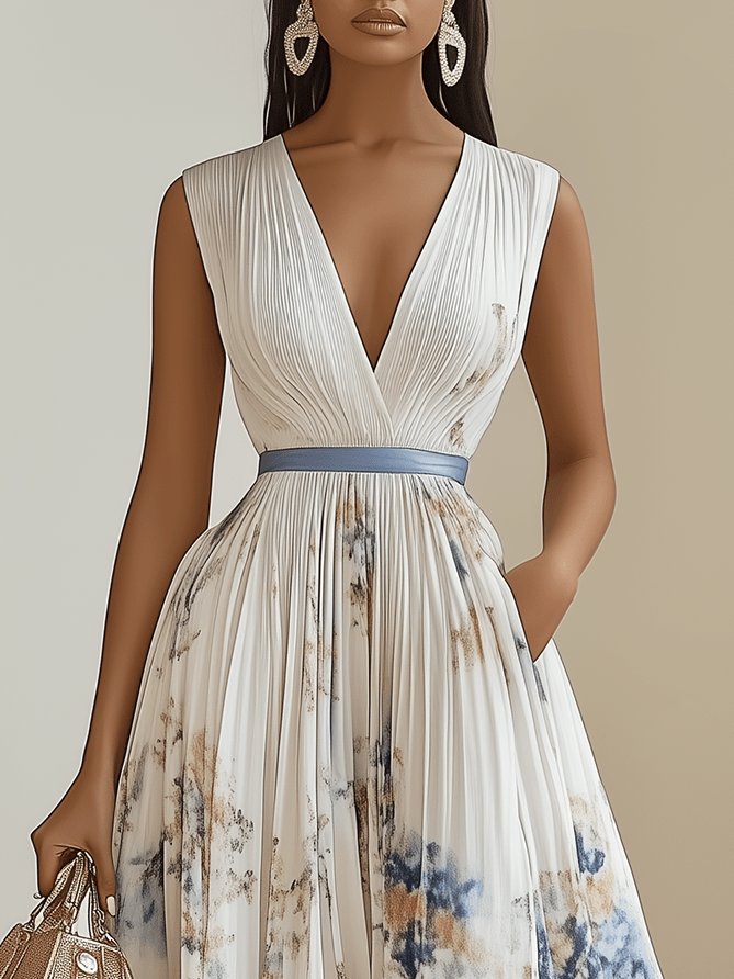 Chloe | Weißes Plissee Midi-Kleid mit Floral-Design und V-Ausschnitt