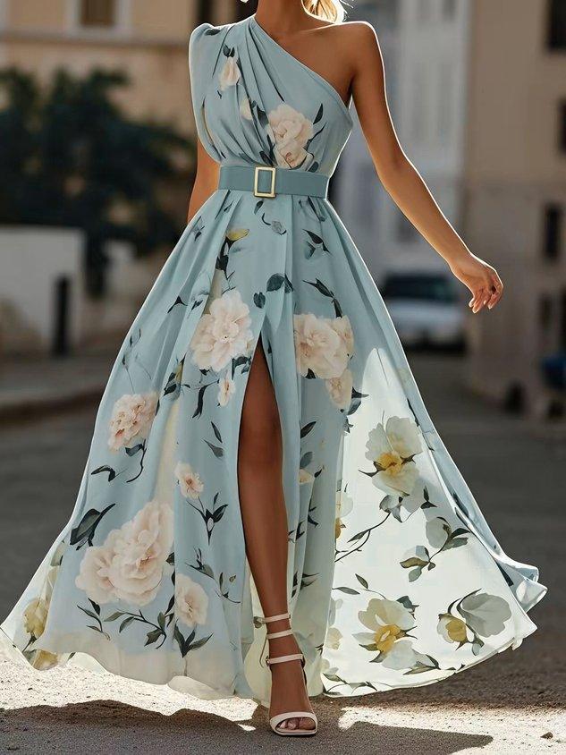 Julie | Hellgrünes Floral Chiffon Maxikleid mit Ein-Schulter-Design