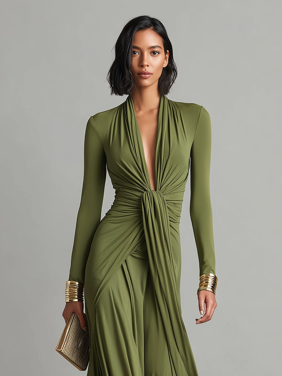 Sofia | Olivfarbenes Seiden-Maxikleid mit Tiefem V-Ausschnitt