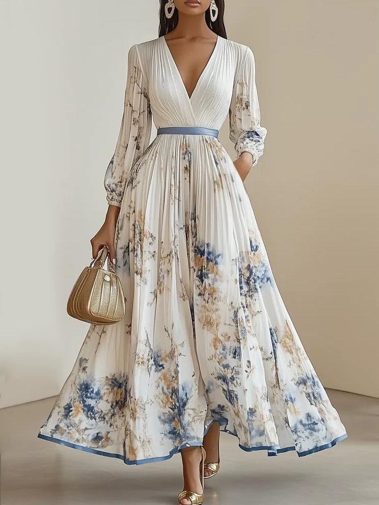 Amalia | Weißes Floral Maxikleid mit Ballonärmeln aus Chiffon