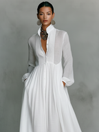 Maxi Kleid aus Patchwork-Leinen mit Stehkragen