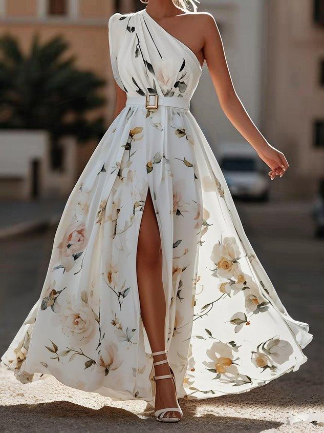 Julie | Hellgrünes Floral Chiffon Maxikleid mit Ein-Schulter-Design