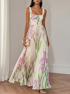 Marie | Weißes Chiffon Maxi Kleid mit Faltenblumen