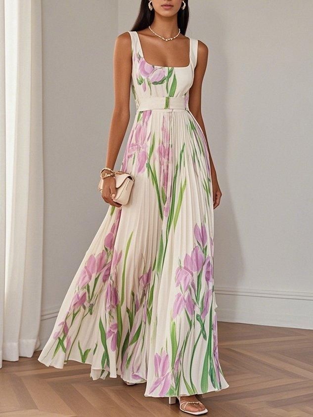 Marie | Weißes Chiffon Maxi Kleid mit Faltenblumen